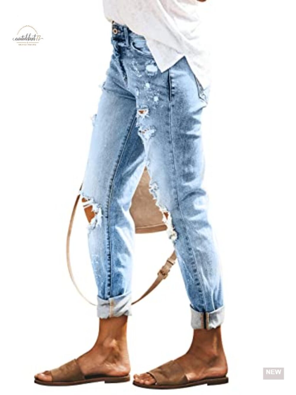 Ripped Mid Waisted Boyfriend Jeans Loose Fit Distressed Stretchy Denim Pants - Picture 5 of 6